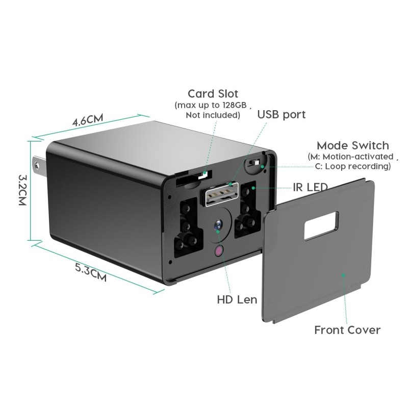 Prise chargeur caméra Full HD 1080p vision nocturne